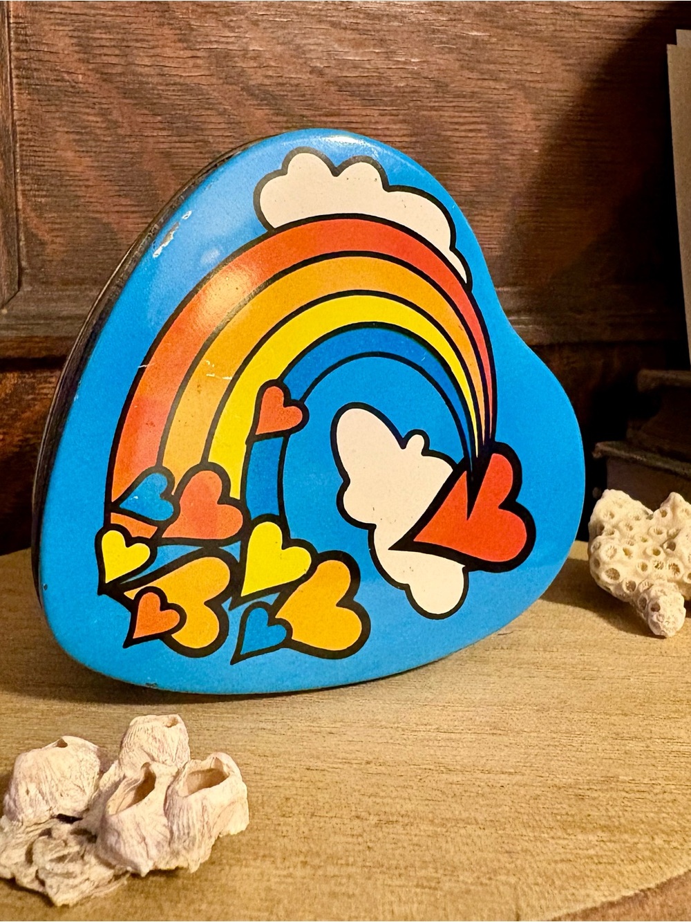 Vintage 1985 Giftco Heart Rainbow Tin with Hearts Graphic and Strawberry candle
